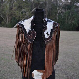 🤍🤎 Handcrafted Cowhide & Leather Fringe Bolero – One of One 🤎🤍
